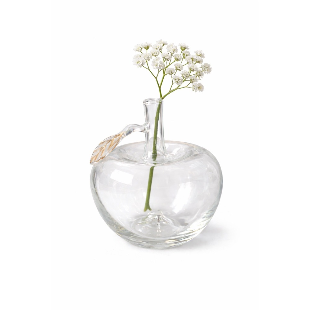 Small Clear Glass Apple Shaped Bud Vase with Gold Leaf Detail Decorative Art